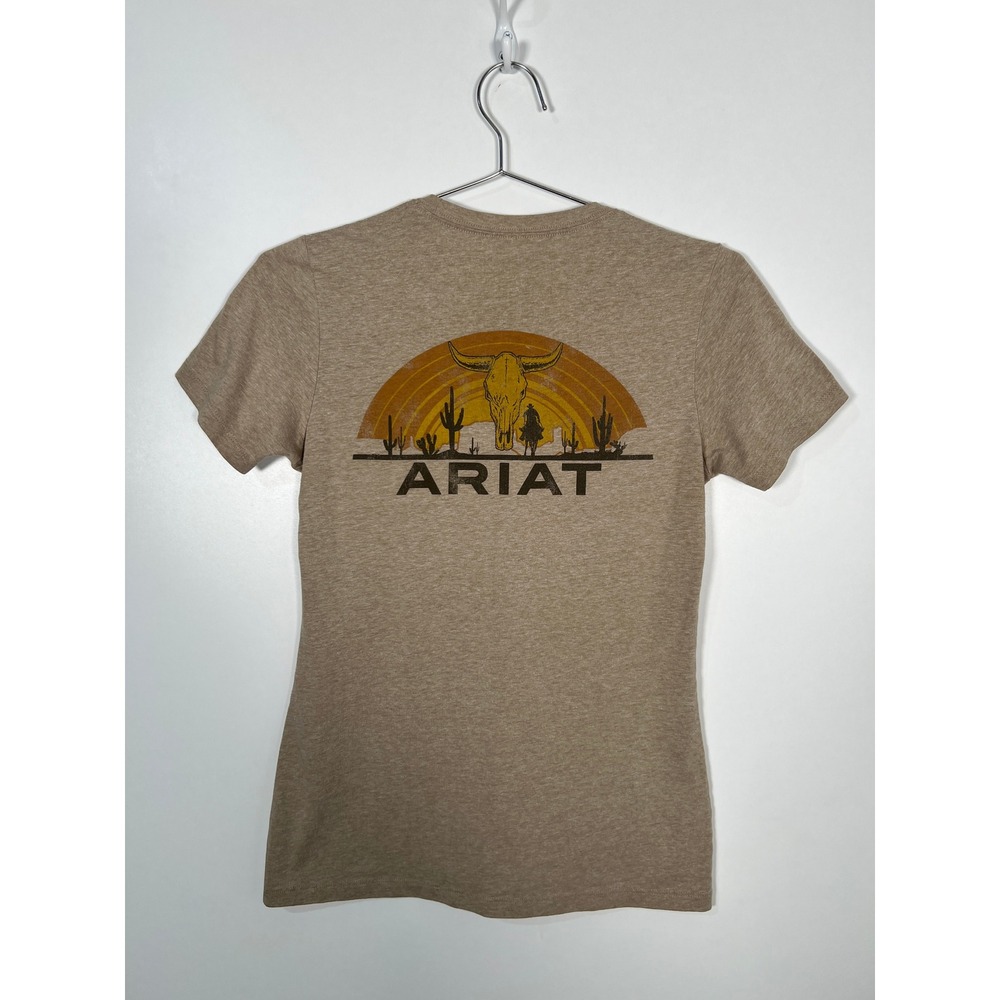 Ariat Women Brown Desert Sunset Longhorn Skull Graphic T-Shirt Western Boho M